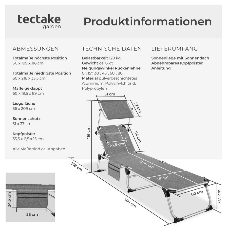 Tectake Sonnenliege Aurelie klappbar, mit Kopfkissen mit Aluminiumgestell, stufenlos verstellbares Sonnendach  