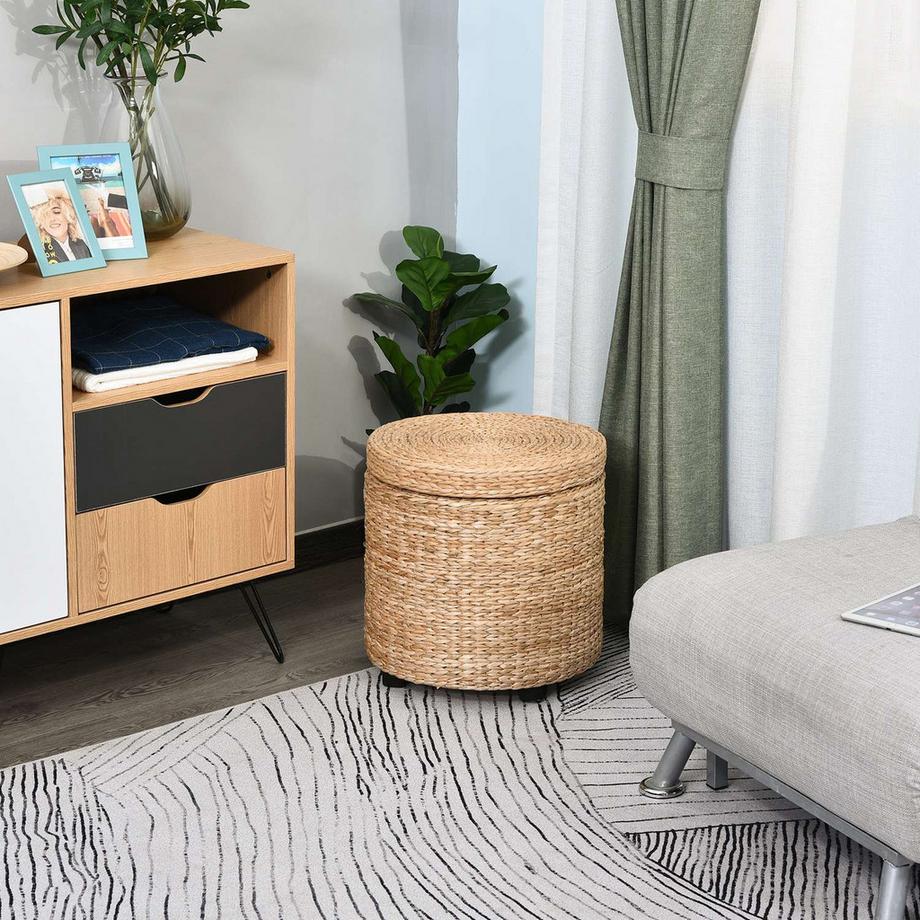 Northio Tabouret avec espace de rangement Repose-pieds avec boîte de rangement, couvercle amovible, paille rotin, kaki, Ø43x43cm  
