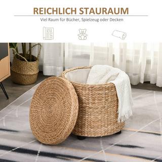 Northio Sgabello con vano portaoggetti Poggiapiedi con contenitore, coperchio rimovibile, paglia rattan, kaki, Ø43x43cm  