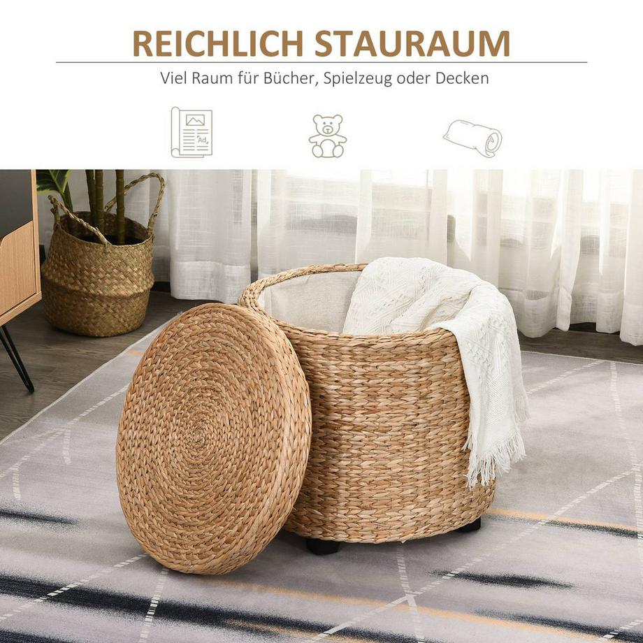 Northio Tabouret avec espace de rangement Repose-pieds avec boîte de rangement, couvercle amovible, paille rotin, kaki, Ø43x43cm  