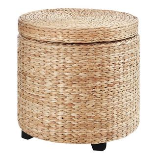 Northio Sgabello con vano portaoggetti Poggiapiedi con contenitore, coperchio rimovibile, paglia rattan, kaki, Ø43x43cm  