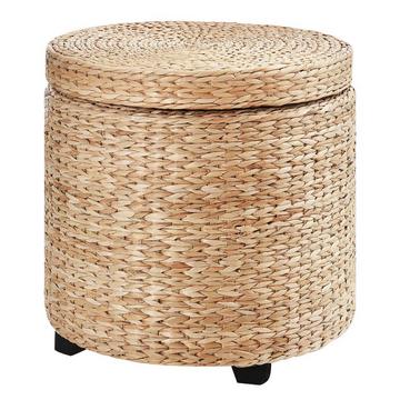 Sgabello con vano portaoggetti Poggiapiedi con contenitore, coperchio rimovibile, paglia rattan, kaki, Ø43x43cm