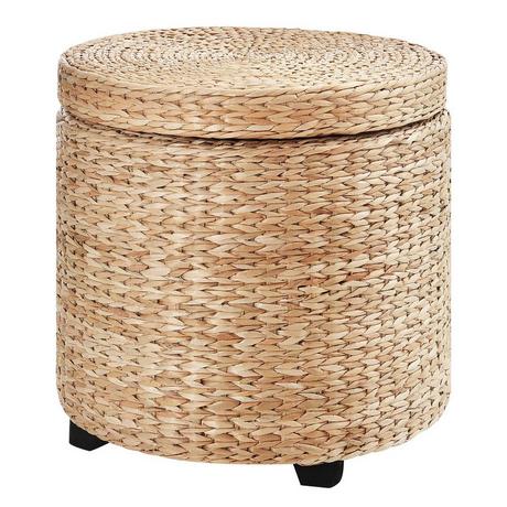 Northio Sgabello con vano portaoggetti Poggiapiedi con contenitore, coperchio rimovibile, paglia rattan, kaki, Ø43x43cm  