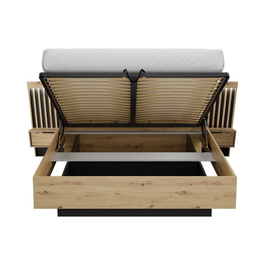 Vente-unique Ensemble lit coffre avec chevets 160 x 200 cm + Commode + Armoire - Coloris : Naturel et noir - ARIADA  