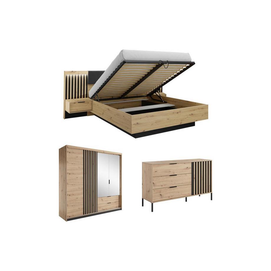 Ensemble lit coffre avec chevets 160 x 200 cm + Commode + Armoire - Coloris : Naturel et noir - ARIADA