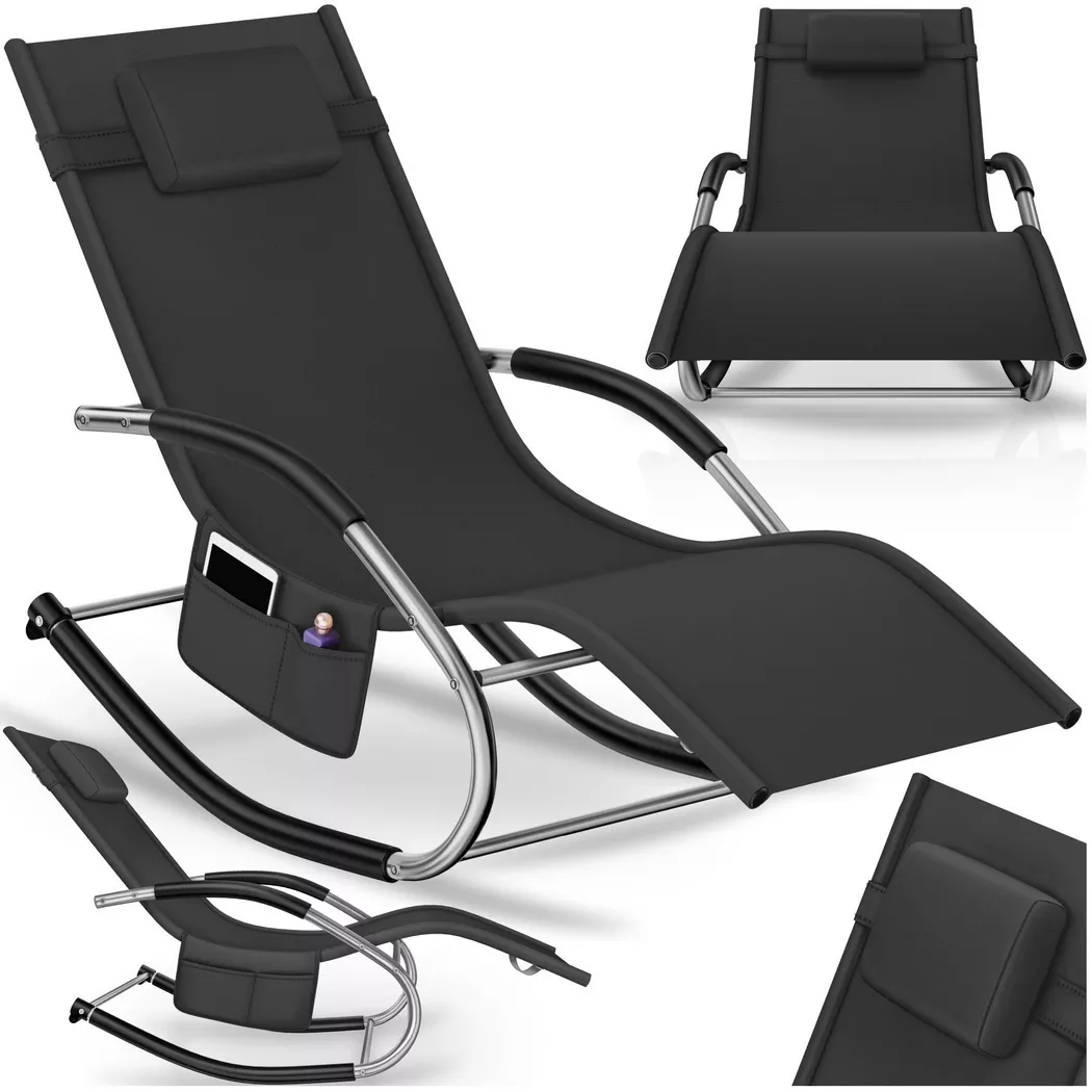 Tectake - Sonnenliege Taya, wetterfest, mit Kopfkissen, atmungsaktiv, Belastbarkeit, inklusive Seitentasche, 1P, Charcoal Black