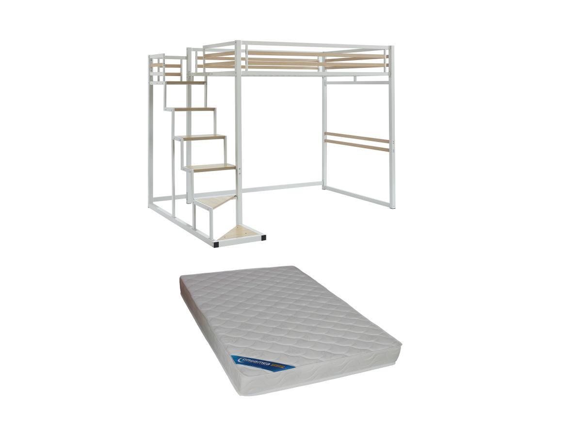 Vente-unique Letto a soppalco 140 x 200 cm Metallo e MDF Bianco + Materasso - JOGUI  