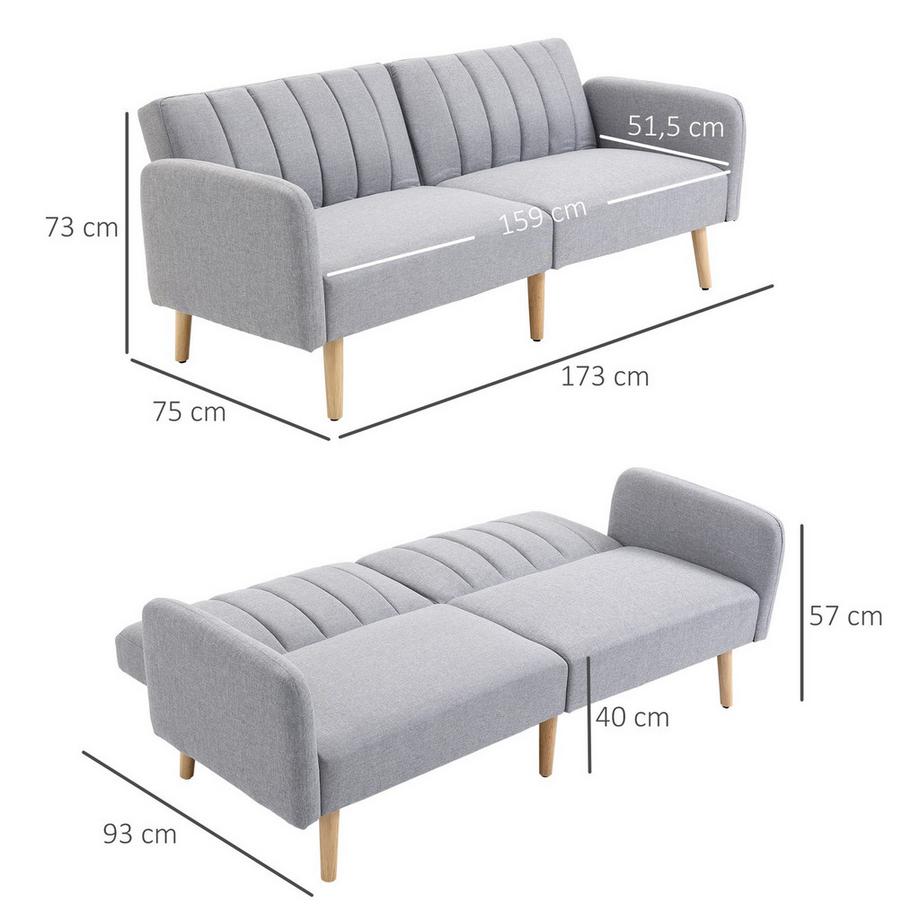 Northio Schlafsofa, 2-Sitzer Sofa mit Schlaffunktion, Verstellbare Rückenlehne, Dick Gepolsterte Couch, Armlehne, Schlafcouch mit Holzbeine für Wohnzimmer, Gästezimmer, 173 x 75 x 73 cm, Grau  