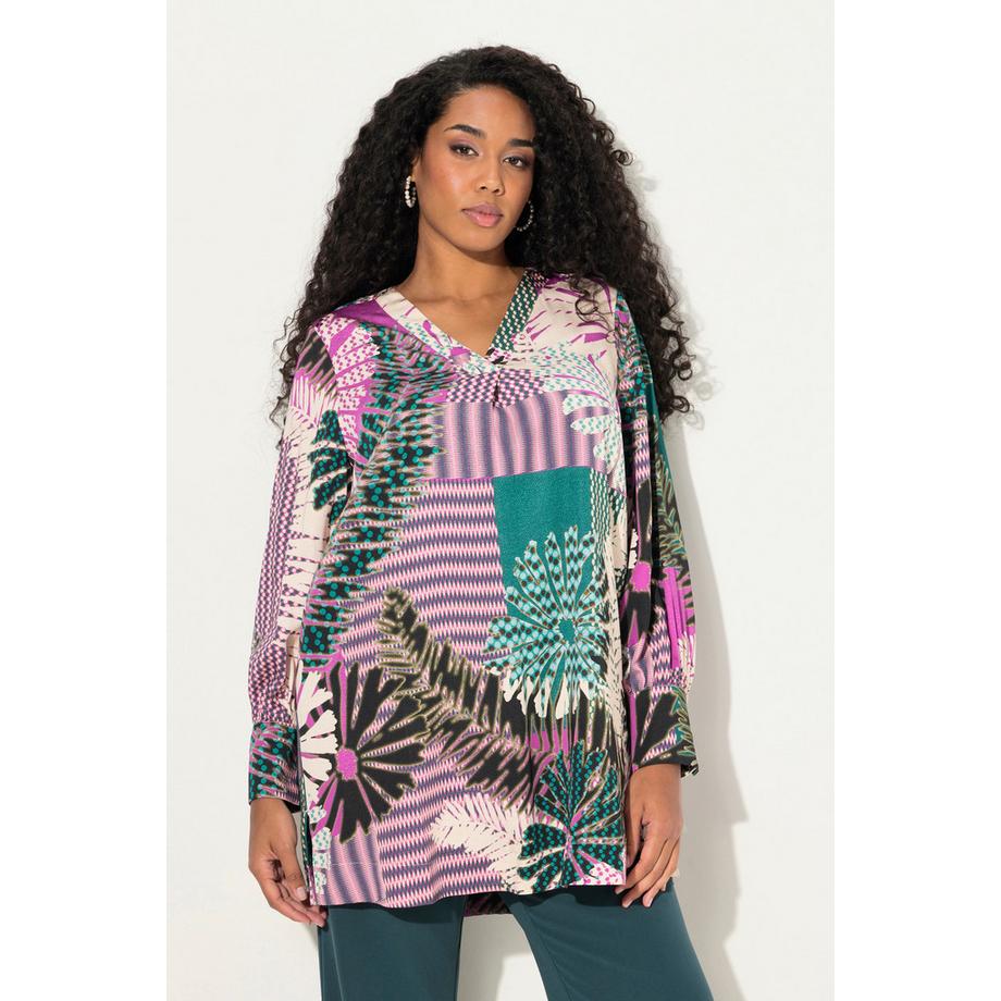 Ulla Popken Blusenshirt Blüten A-Linie V-Ausschnitt Langarm  