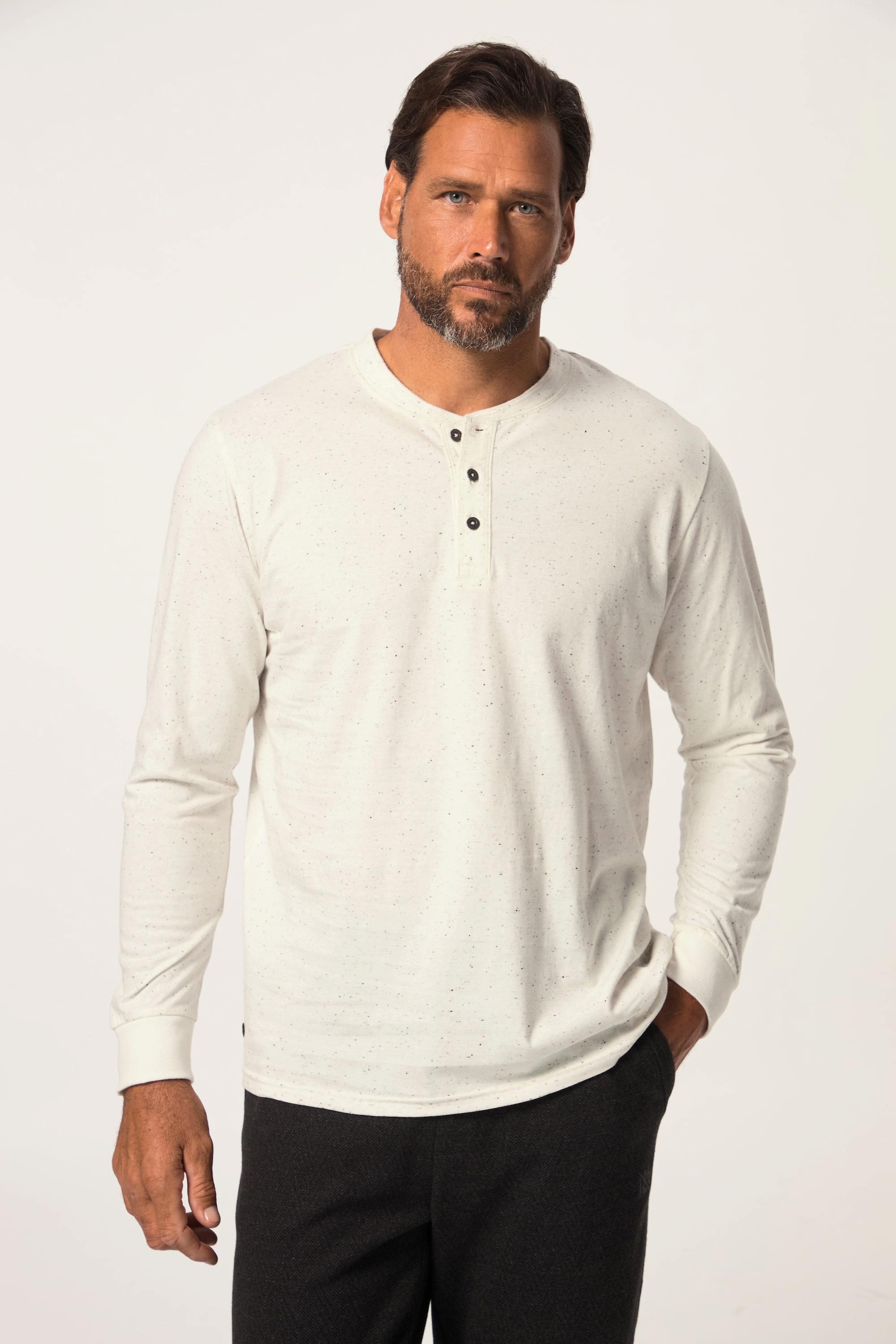 JP1880  Henley, Langarm, Strukturjersey, Rundhals, Knopfleiste 