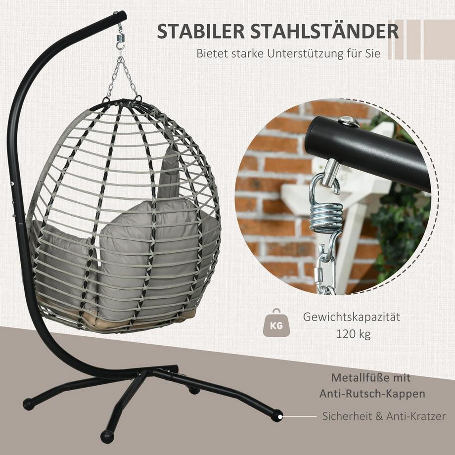 Northio Hängesessel Hängeschaukel mit Bechertasche klappbarer Sitzkorb Hängestuhl mit Kissen Rattanoptik bis 120 kg belastbar Stahl Grau für Garten & Balkon  