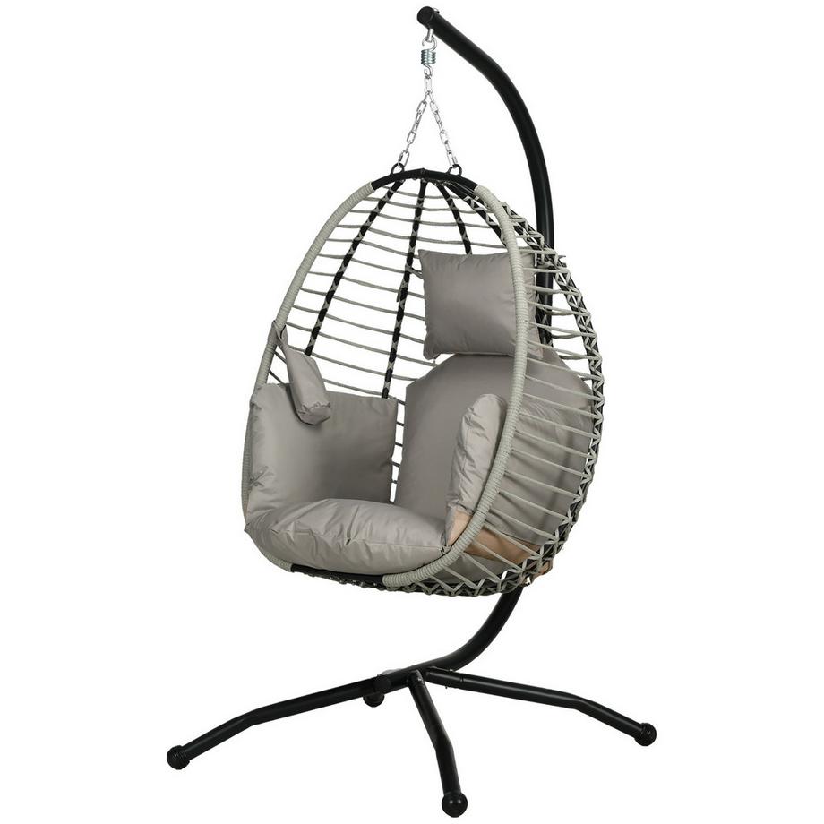 Hängesessel Hängeschaukel mit Bechertasche klappbarer Sitzkorb Hängestuhl mit Kissen Rattanoptik bis 120 kg belastbar Stahl Grau für Garten & Balkon