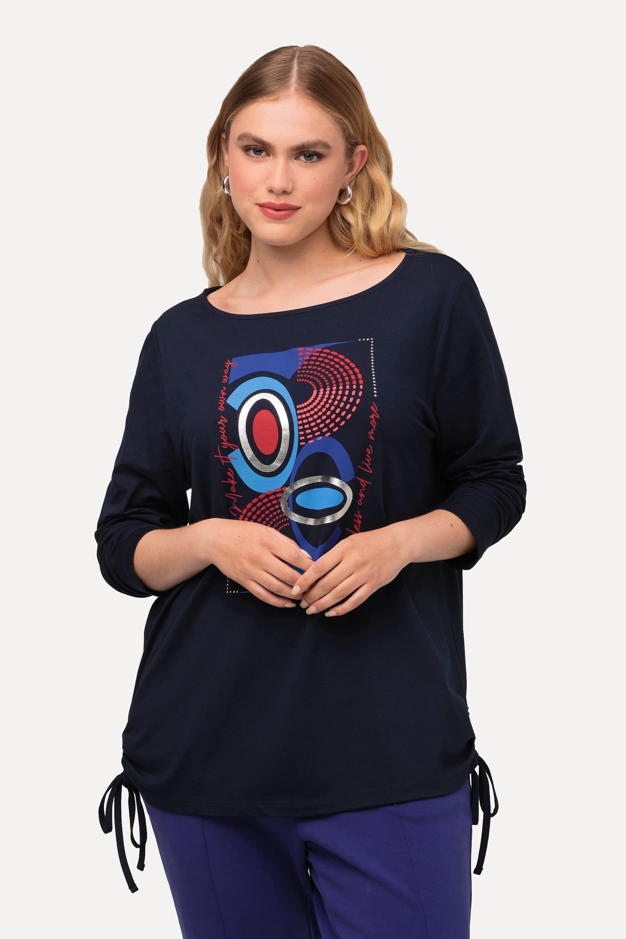 Ulla Popken  T-shirt à col bateau et manches courtes, pierres fantaisie et cordon coulissant 