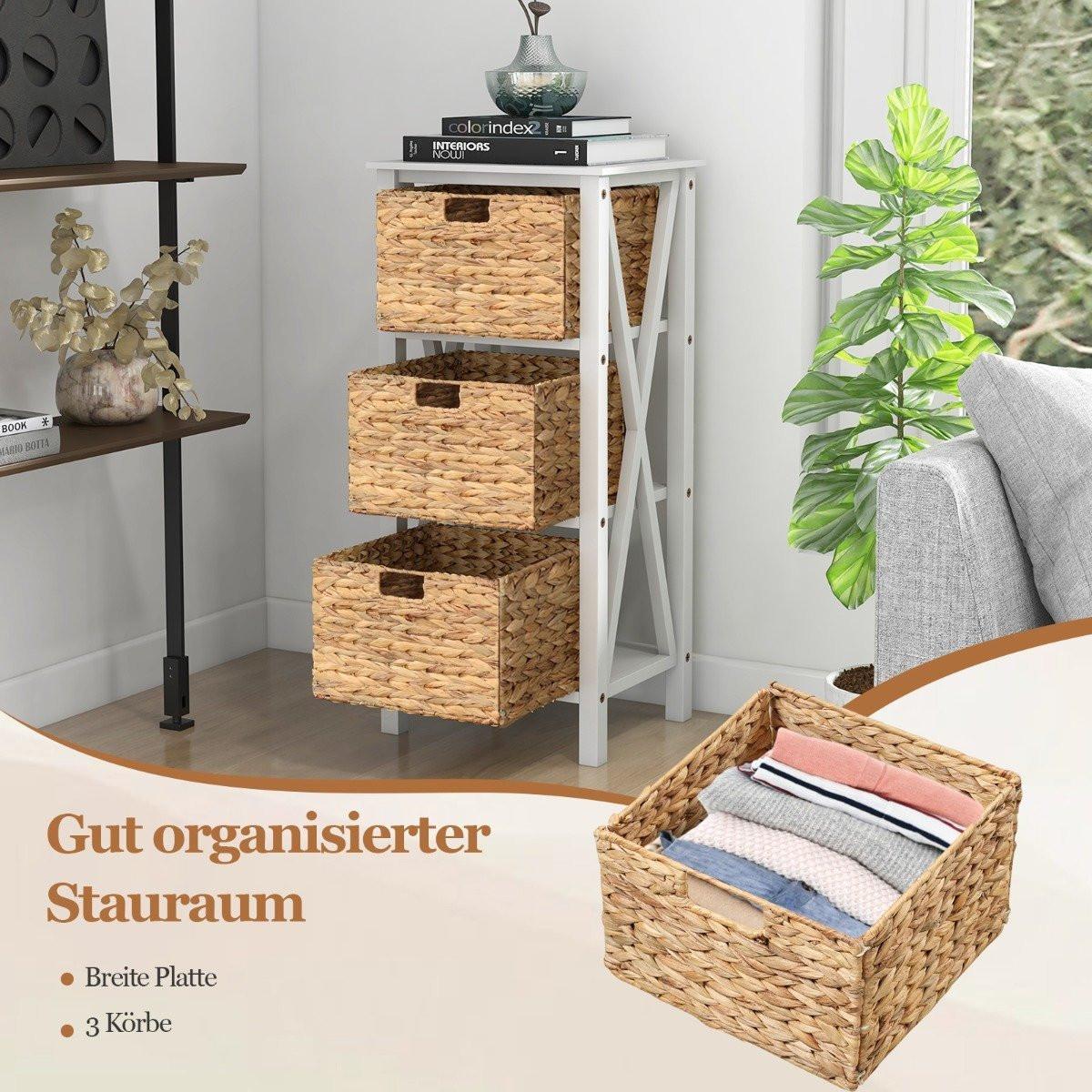 Northix 4-stufiger Nachttisch mit 3 Seegraskörben & X-Design Schmaler Beistelltisch 36 x 30 x 80 cm Weiß  