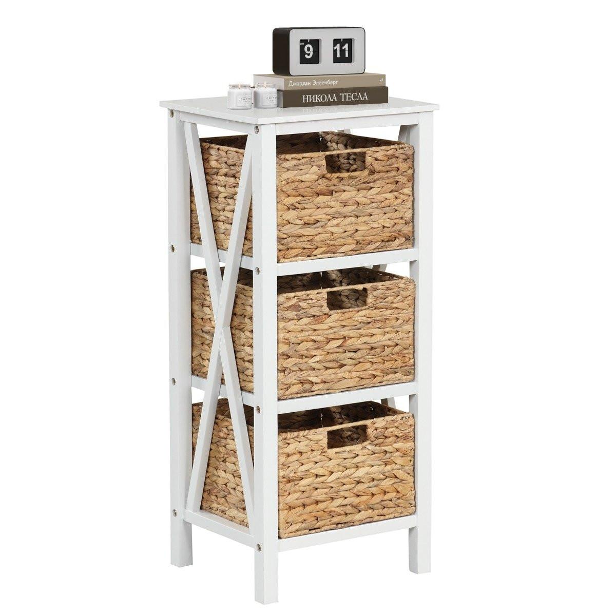 Northix 4-stufiger Nachttisch mit 3 Seegraskörben & X-Design Schmaler Beistelltisch 36 x 30 x 80 cm Weiß  