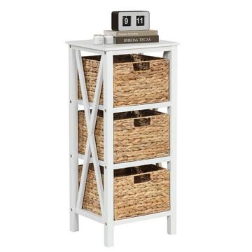 Comodino a 4 ripiani con 3 cestini in alga marina e tavolino stretto X-Design 36 x 30 x 80 cm bianco