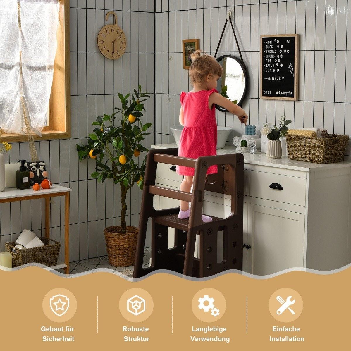 Northio Tabouret de cuisine pour enfants avec double rampe de sécurité, tabouret pour tout-petits, 46,5 x 46,5 x 90 cm, marron  