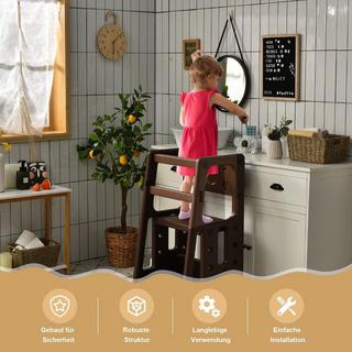 Northio Tabouret de cuisine pour enfants avec double rampe de sécurité, tabouret pour tout-petits, 46,5 x 46,5 x 90 cm, marron  