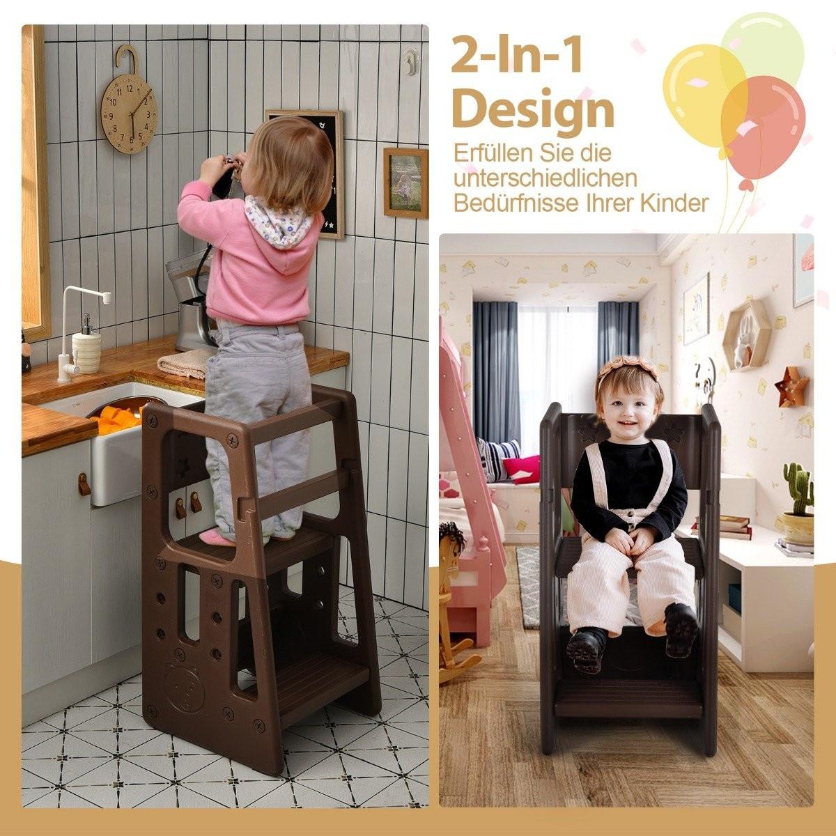 Northio Tabouret de cuisine pour enfants avec double rampe de sécurité, tabouret pour tout-petits, 46,5 x 46,5 x 90 cm, marron  
