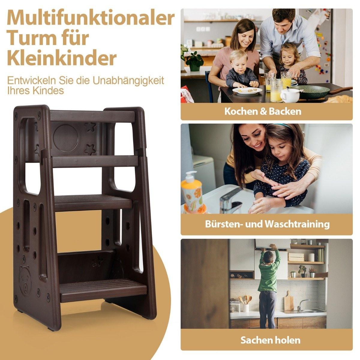 Northio Tabouret de cuisine pour enfants avec double rampe de sécurité, tabouret pour tout-petits, 46,5 x 46,5 x 90 cm, marron  