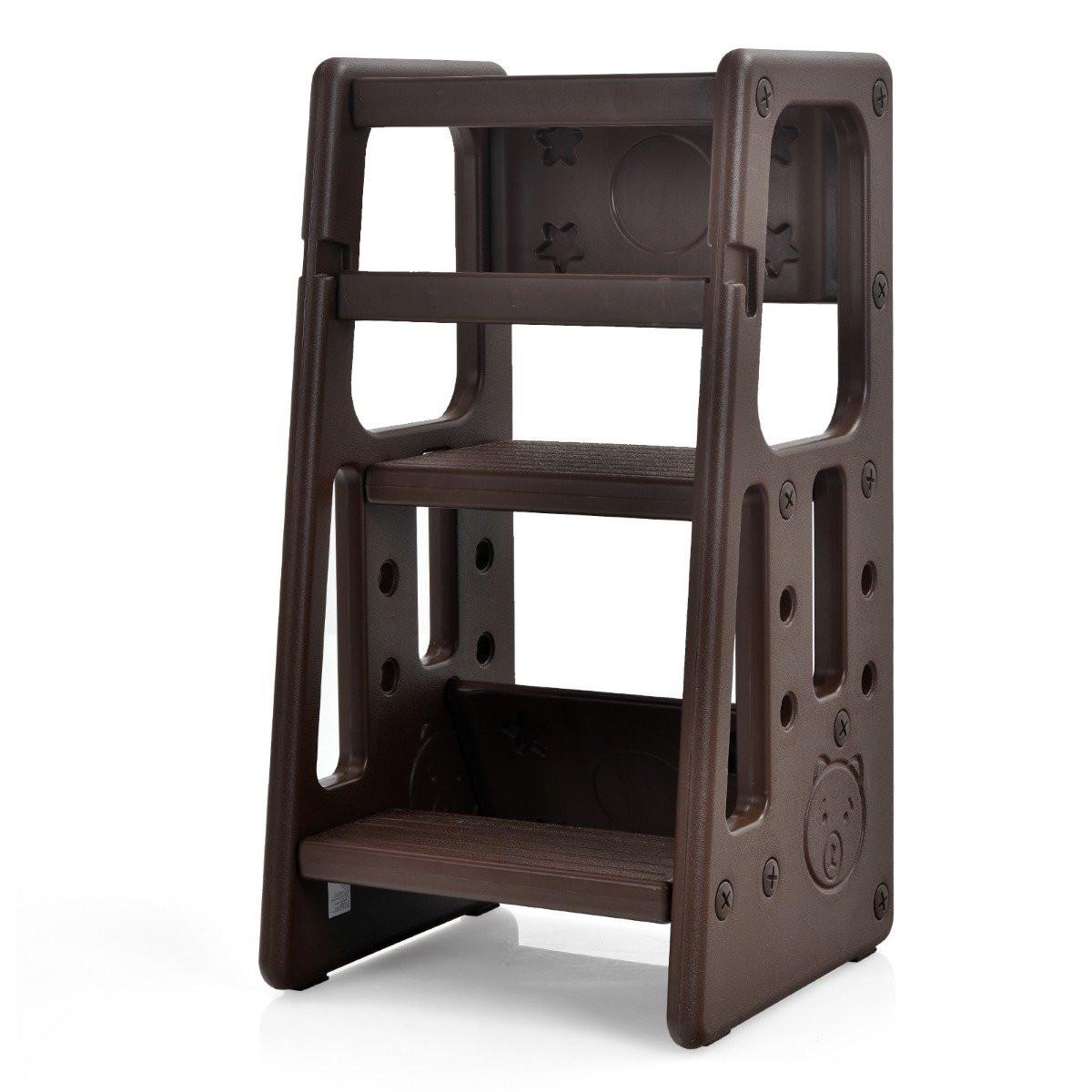Northio Tabouret de cuisine pour enfants avec double rampe de sécurité, tabouret pour tout-petits, 46,5 x 46,5 x 90 cm, marron  