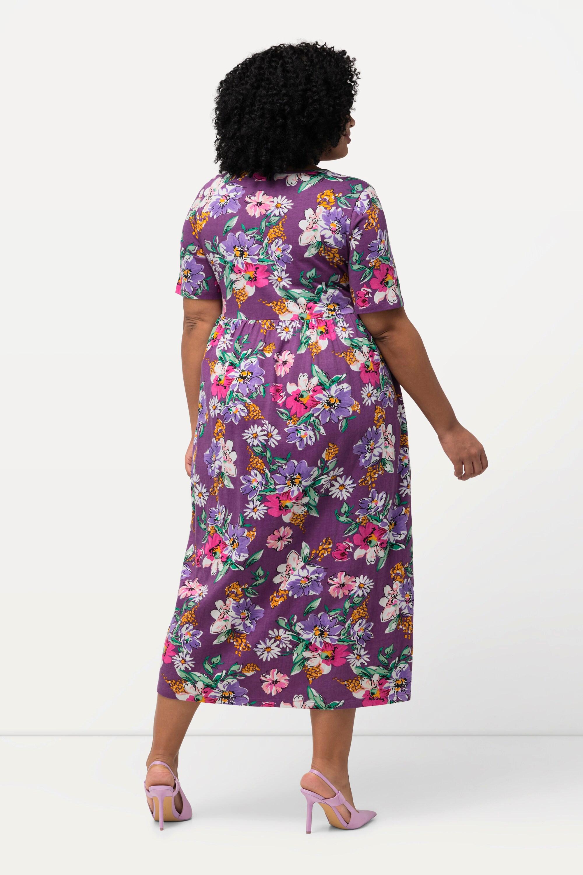 Ulla Popken  Jerseykleid, Blüten, A-Linie, Rundhals, Halbarm 