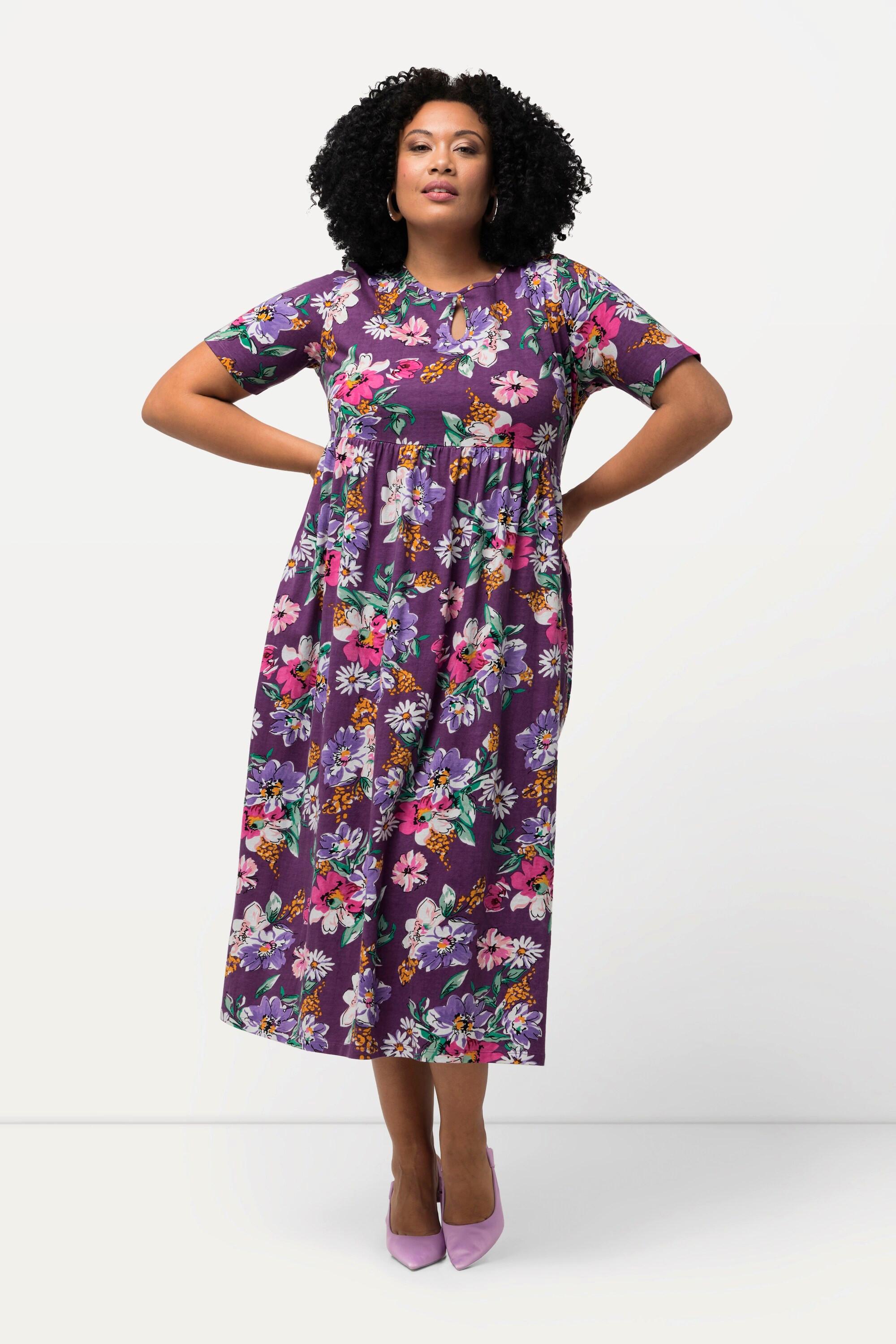 Ulla Popken  Jerseykleid, Blüten, A-Linie, Rundhals, Halbarm 