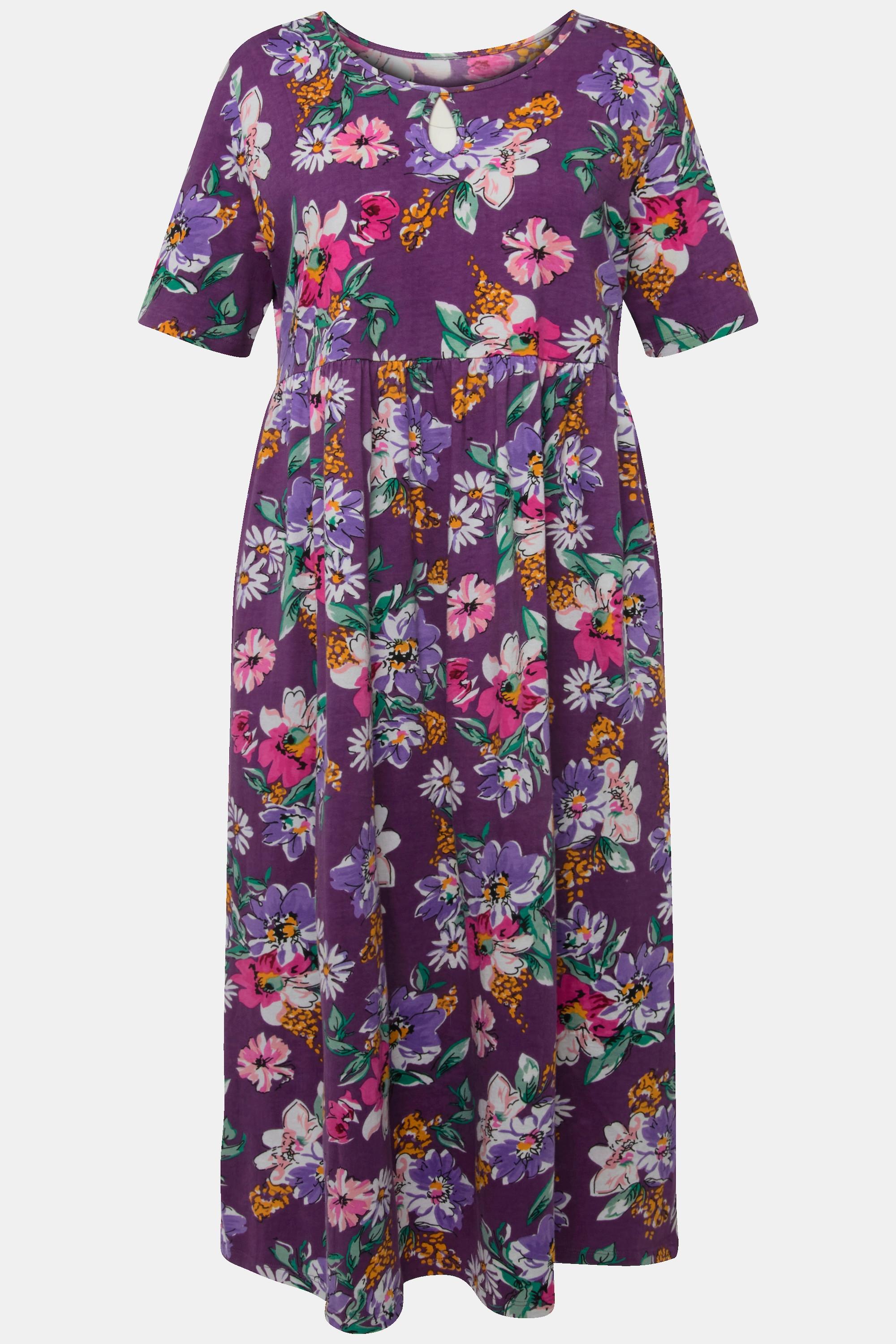 Ulla Popken  Jerseykleid, Blüten, A-Linie, Rundhals, Halbarm 