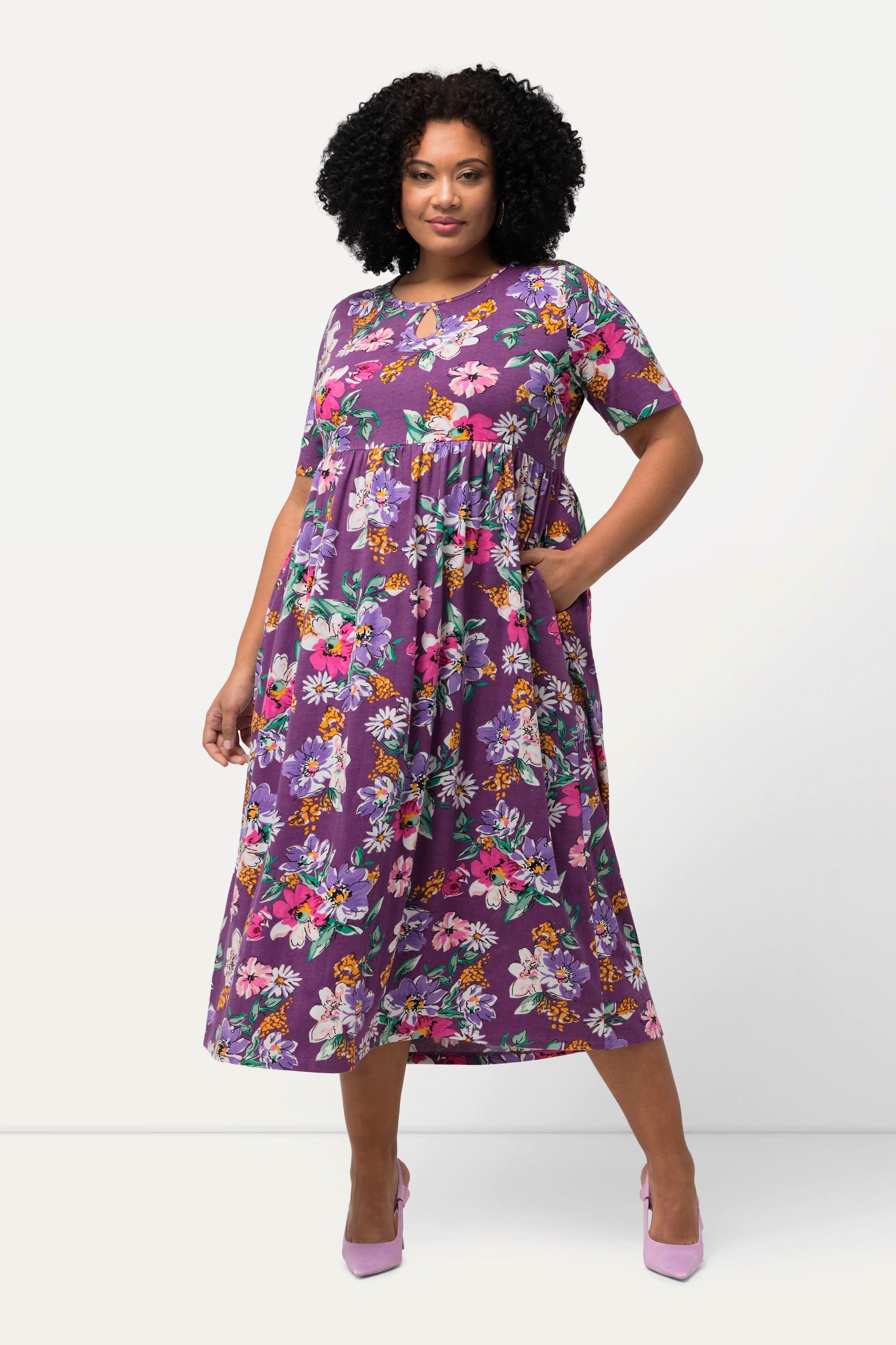 Ulla Popken  Jerseykleid, Blüten, A-Linie, Rundhals, Halbarm 