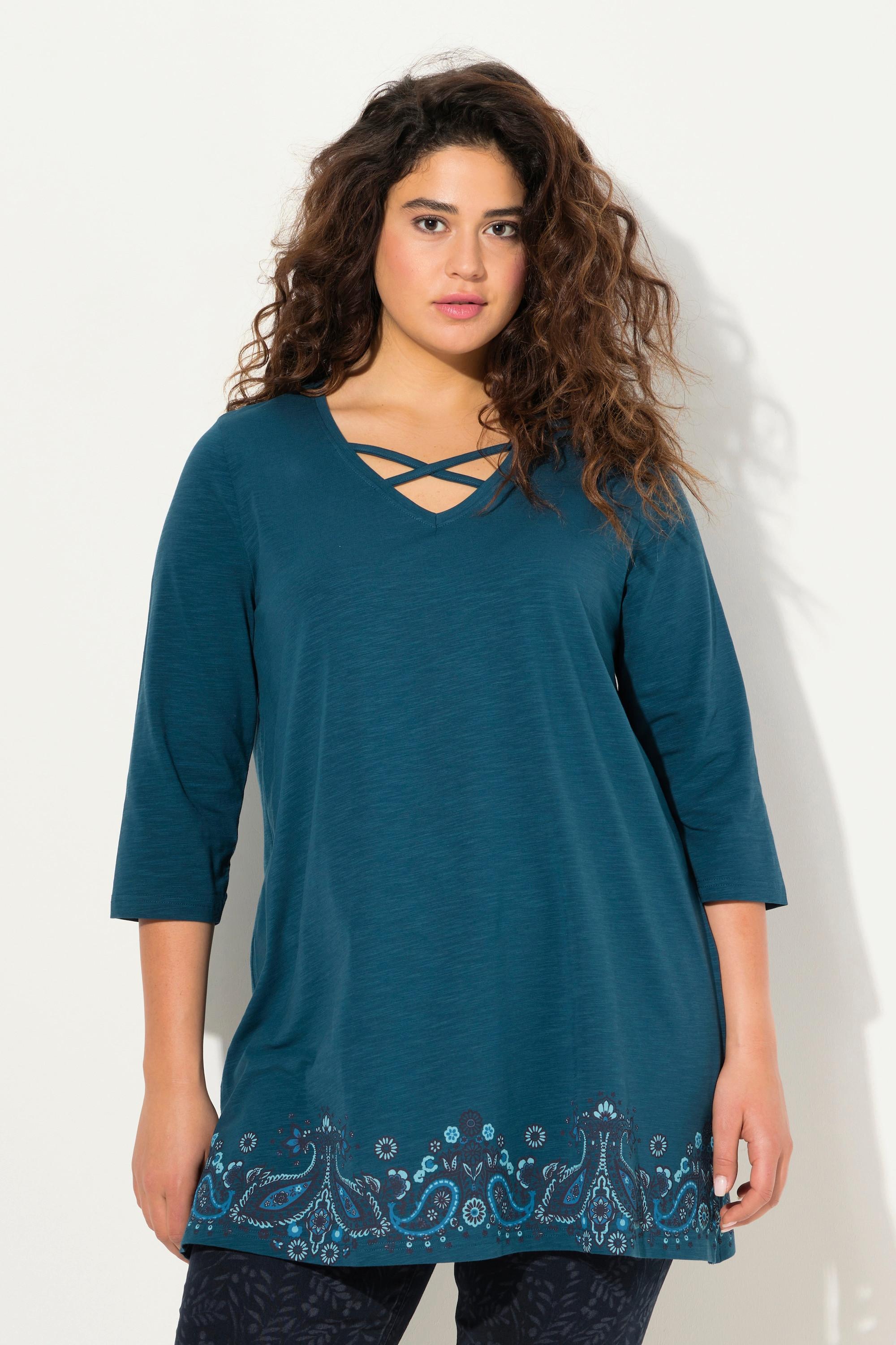 Ulla Popken  Longshirt, Bordürendruck, A-Linie, V-Ausschnitt, 3/4-Arm 