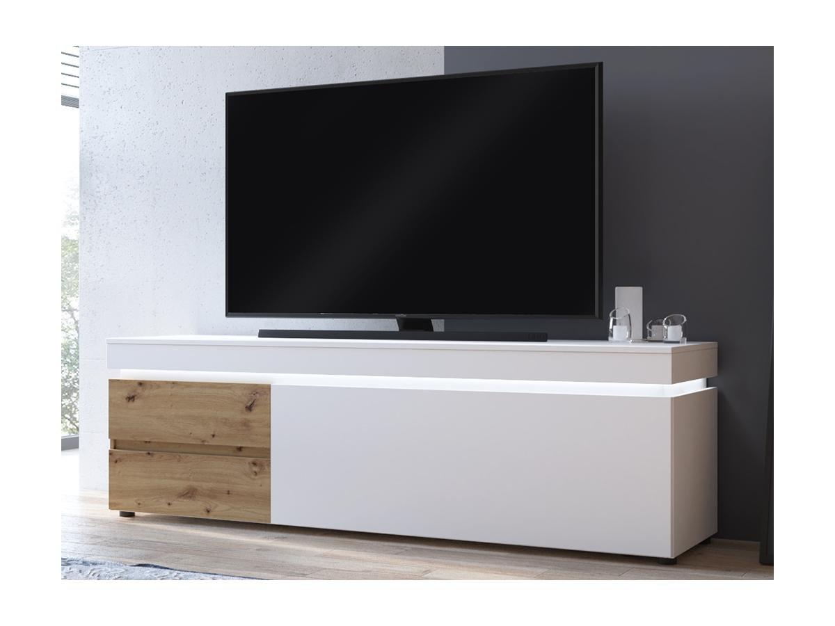 Vente-unique Meuble TV 1 porte et 2 tiroirs avec LEDs - Naturel et blanc laqué - DOLONA  