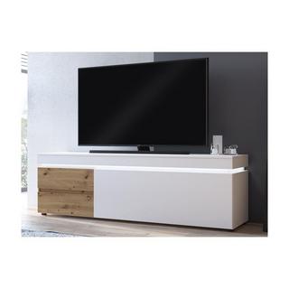 Vente-unique Meuble TV 1 porte et 2 tiroirs avec LEDs - Naturel et blanc laqué - DOLONA  