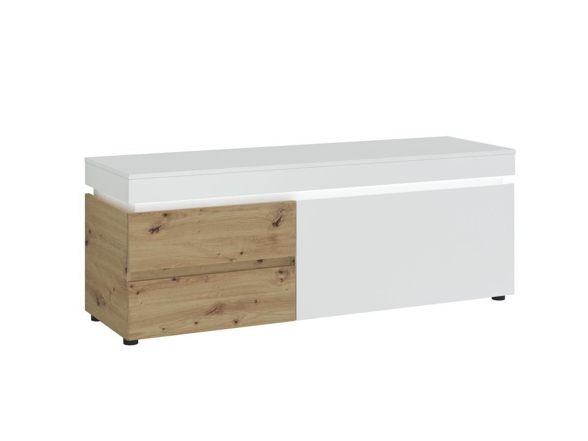 Image of TV-Möbel mit 1 Tür & 2 Schubladen + LED-Beleuchtung - Holzfarben & Weiß lackiert - DOLONA TV-Möbel mit 1 Tür & 2 Schubladen + LED-Beleuchtung - Holzfarben & Weiß lackiert - DOLONA