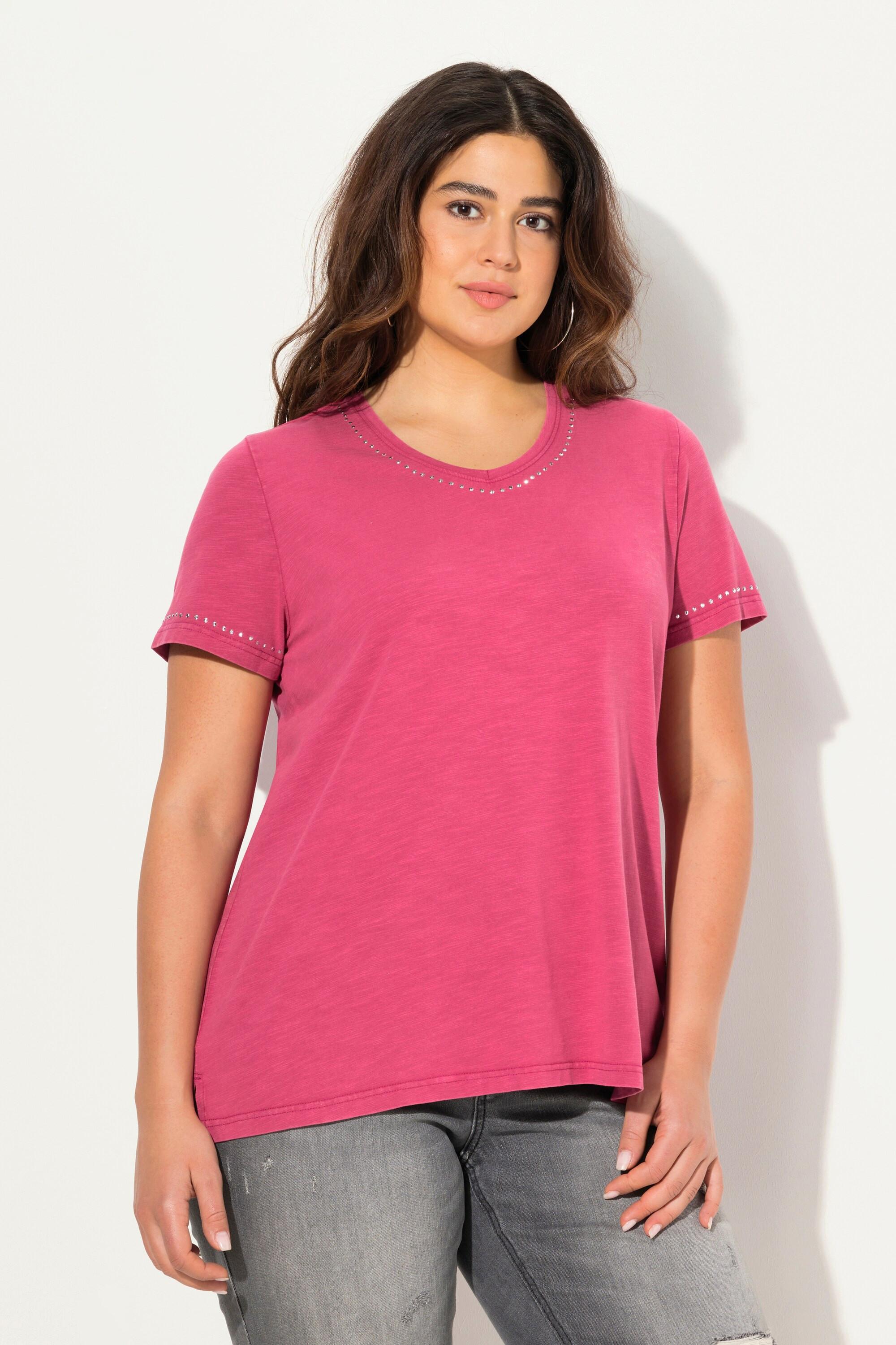 Ulla Popken  T-Shirt, cold dyed, Ziernieten, V-Ausschnitt, Halbarm 