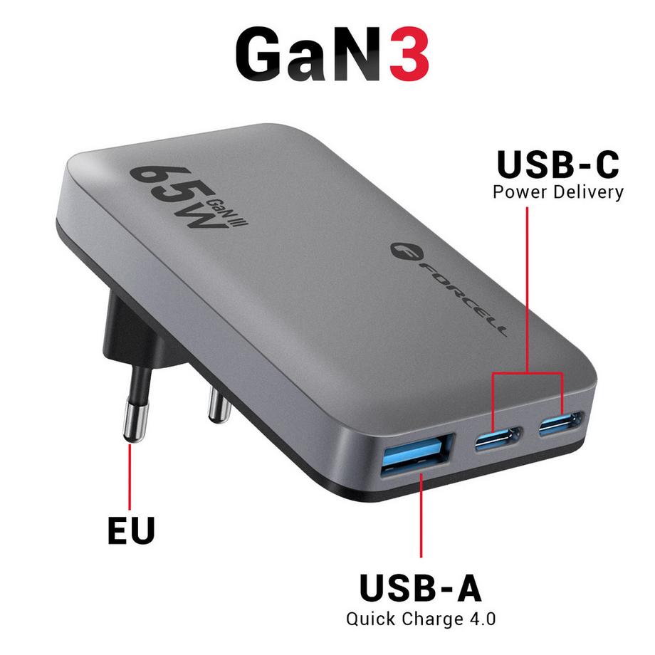 Forcell  Chargeur 65W GaN 2 USB-C + USB Forcell 