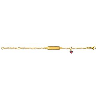 MUAU Schmuck  Bébé Bracelet Figaro Gelbgold 750, 14cm Gravurplatte 2cm Emaille-Herz-Anhänger 