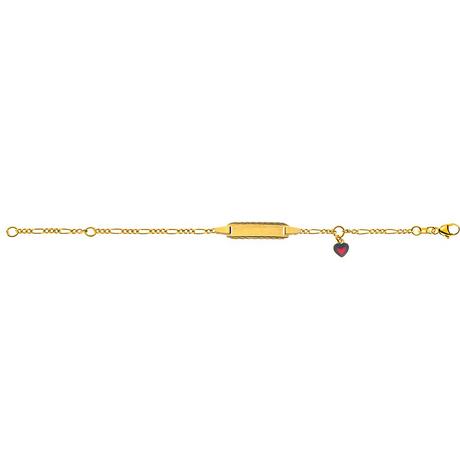 MUAU Schmuck  Bébé Bracelet Figaro Gelbgold 750, 14cm Gravurplatte 2cm Emaille-Herz-Anhänger 