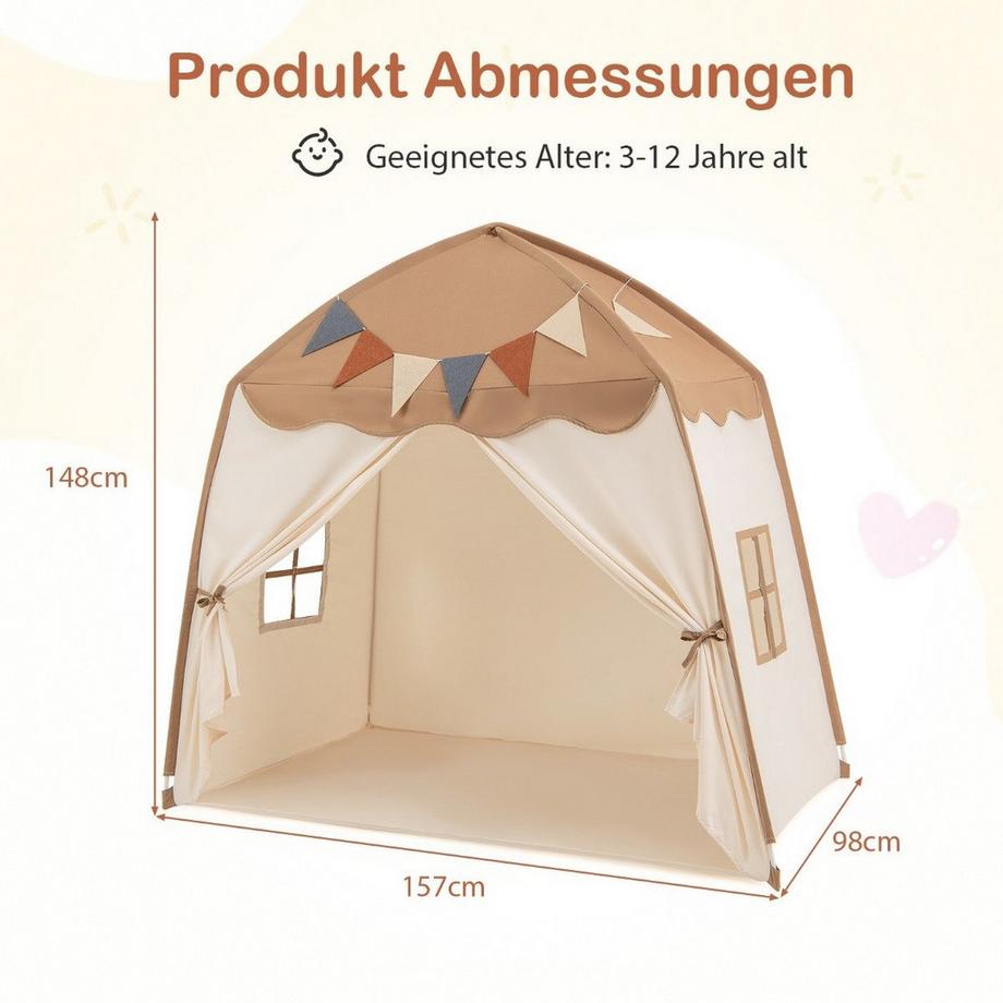 Northio  Spielhaus Kinder Indoor Kinderzelt mit Flaggen und Lichterketten Prinzessin Spielzelt Kaffee 