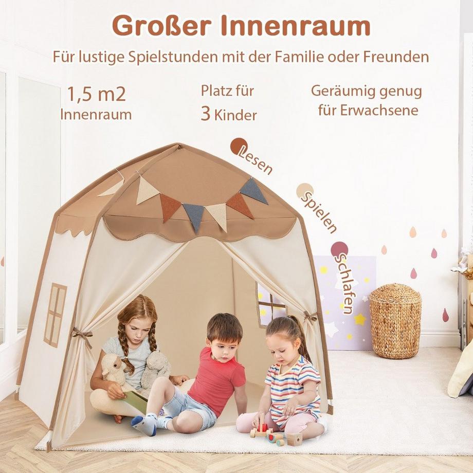 Northio  Spielhaus Kinder Indoor Kinderzelt mit Flaggen und Lichterketten Prinzessin Spielzelt Kaffee 