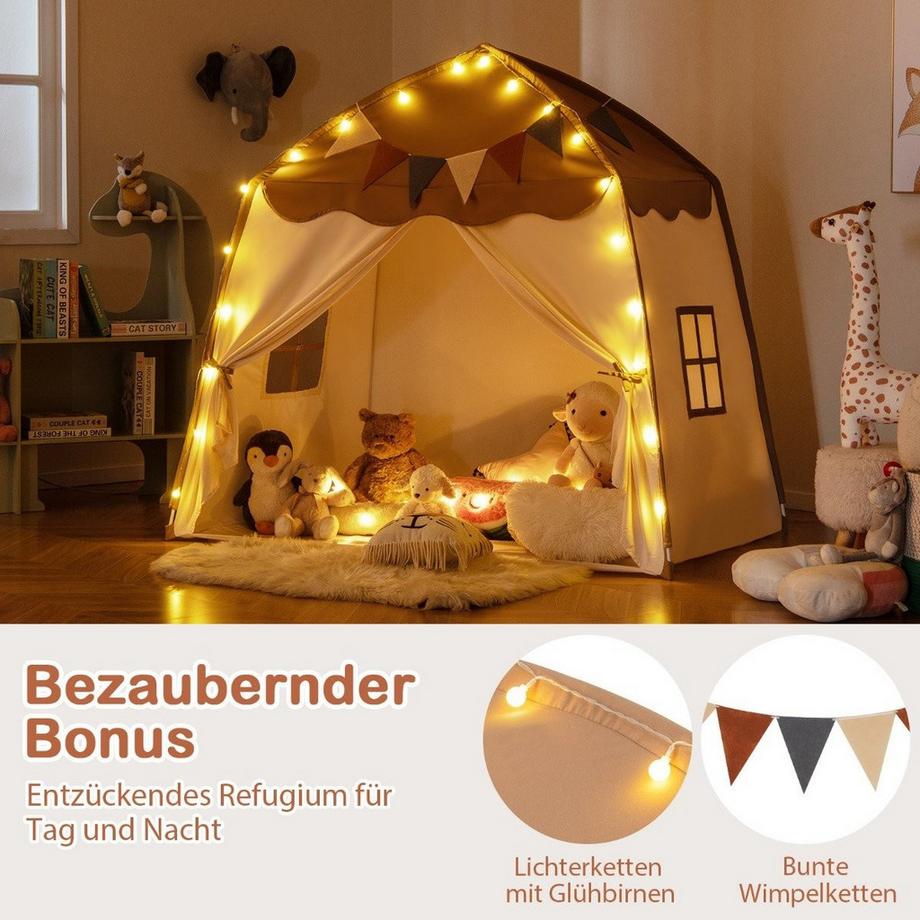 Northio  Spielhaus Kinder Indoor Kinderzelt mit Flaggen und Lichterketten Prinzessin Spielzelt Kaffee 