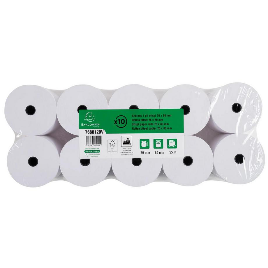 Exacompta Rotolo per scontrini 76x80x12x55 - 1 piega offset extra-bianco 60g/m - x 50  
