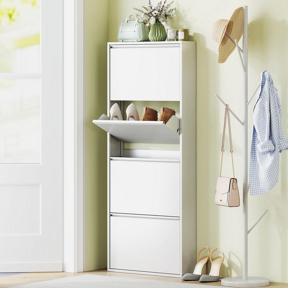 Northio Schuhschrank Metall mit 4 Klappen Schuhkipper Schmal für 8 Paar Schuhe Schuhregal Schuhkommode Schuhablage Wandmontage für Eingangsbereich, Flur 55 x 15 x 139,5 cm Weiß |  