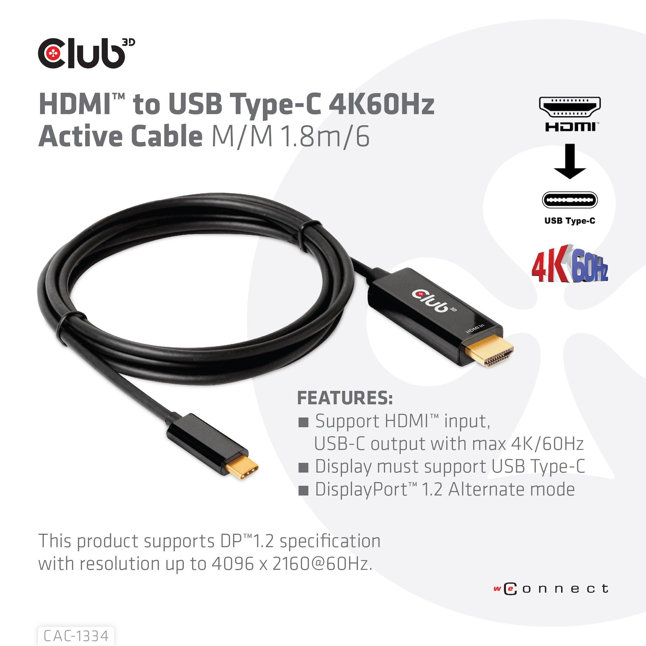 Club3D  CLUB3D CAC-1334 câble vidéo et adaptateur 1,8 m HDMI Type A (Standard) USB Type-C 