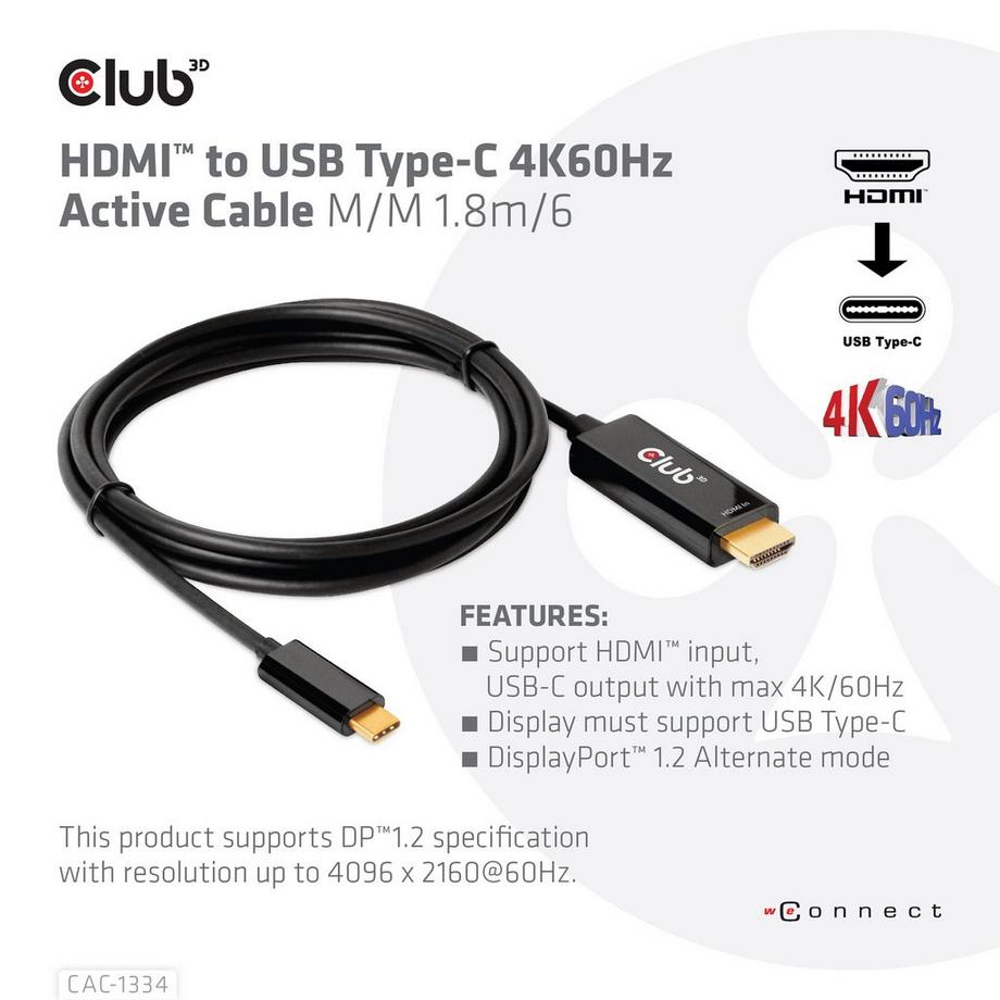 CLUB 3D  CLUB3D CAC-1334 cavo e adattatore video 1,8 m HDMI tipo A (Standard) USB tipo-C 