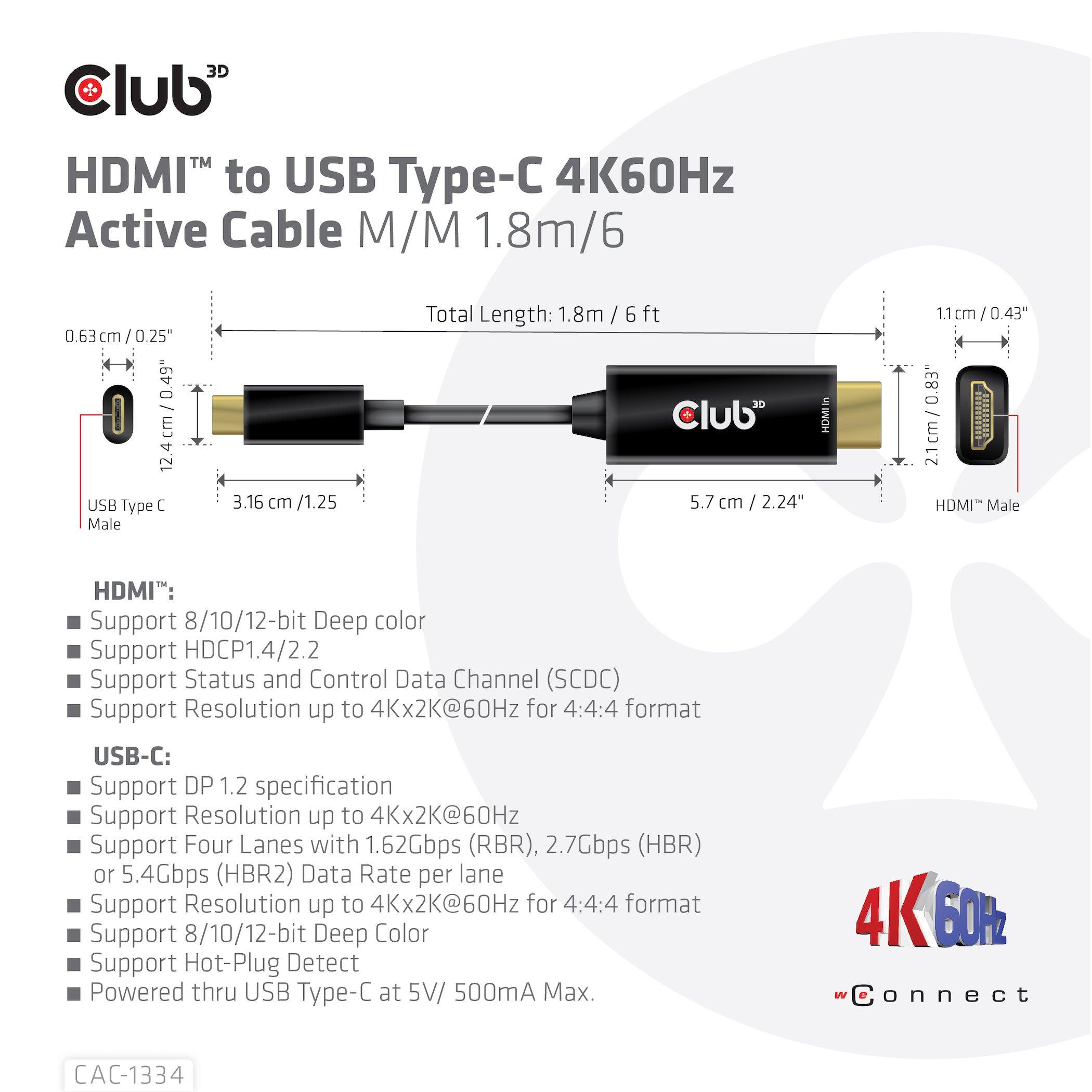 Club3D  CLUB3D CAC-1334 câble vidéo et adaptateur 1,8 m HDMI Type A (Standard) USB Type-C 