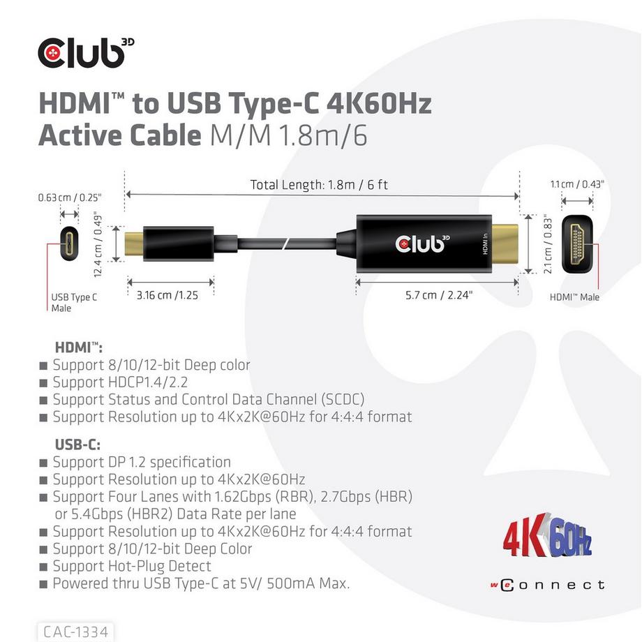 CLUB 3D  CLUB3D CAC-1334 cavo e adattatore video 1,8 m HDMI tipo A (Standard) USB tipo-C 