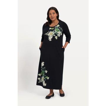 Robe en jersey, coupe évasée, fleurs, poches, col rond, manches 3/4