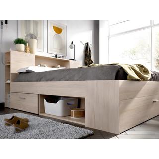 Vente-unique Letto con testata con vani portaoggetti e cassetti 140 x 190 cm: Naturale + Rete + Materasso LEANDRE  