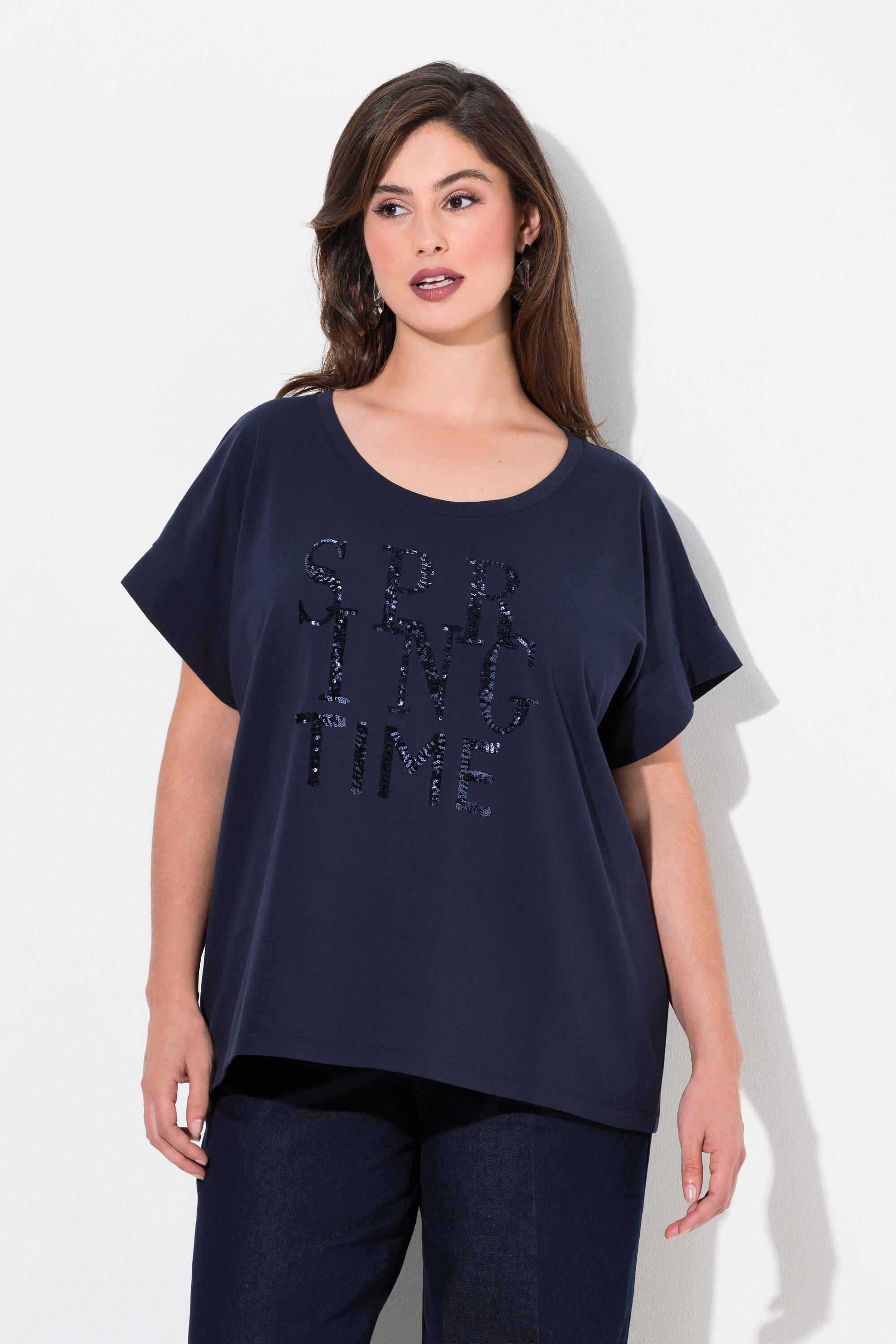 Ulla Popken  T-shirt oversize à paillettes, col rond et manches courtes 