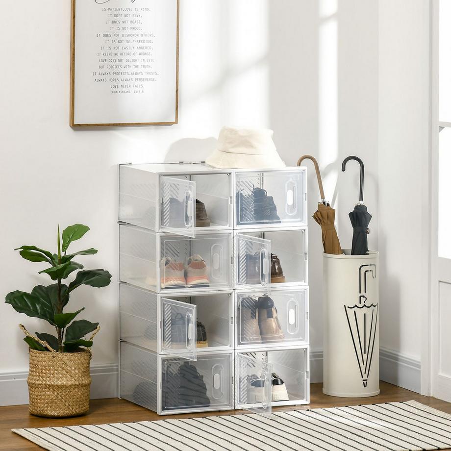 Northio  Lot de 8 boîtes à chaussures, organisateur de chaussures avec portes magnétiques, boîte à chaussures avec couvercle, rangement à chaussures en plastique, pour chaussures jusqu'à la taille 45, transparent + blanc 